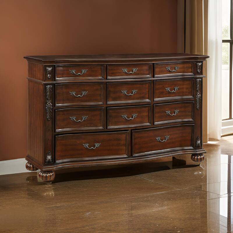 Nami 66 Inch Dresser, 11 Dovetail Drawers, Metal Handles, Cherry Brown Wood
