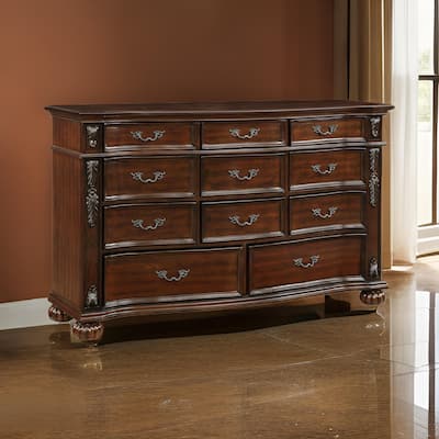 Nami 66 Inch Dresser, 11 Dovetail Drawers, Metal Handles, Cherry Brown Wood