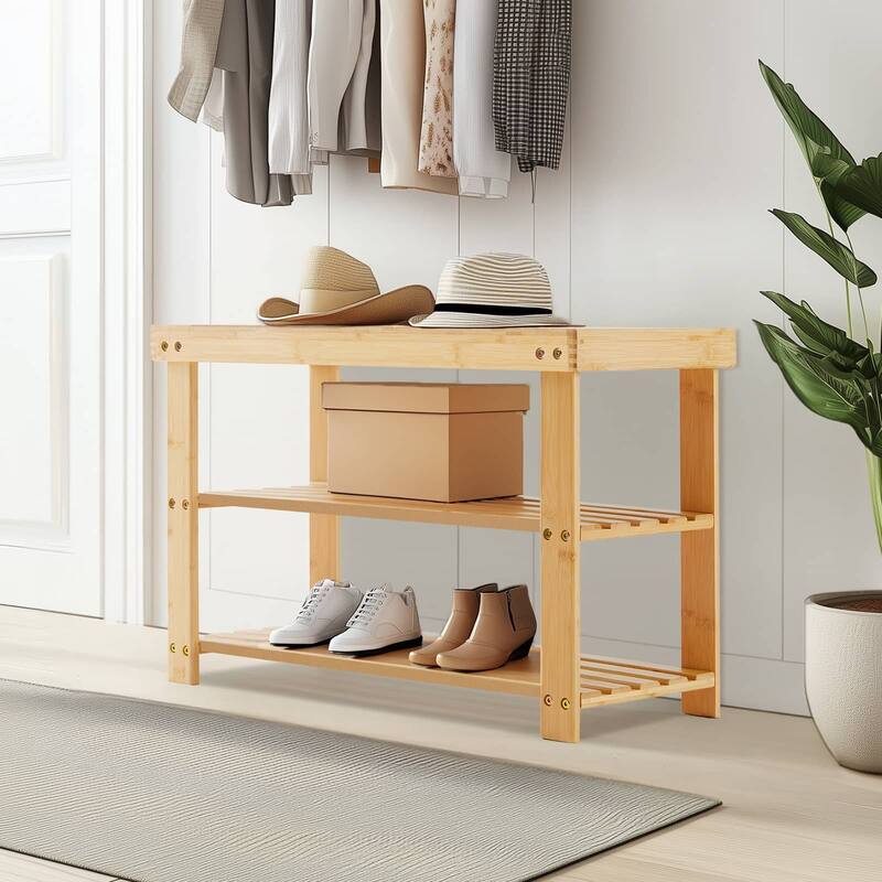 Rossetta 3-Tier Solid Natural Bamboo Compact Storage Shoe Rack Bench, Straightforward Assembly - Wood
