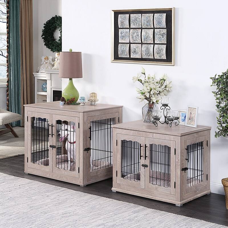 unipaws Pet Crate End Table, Double Doors Dog Kennel with Pet Bed