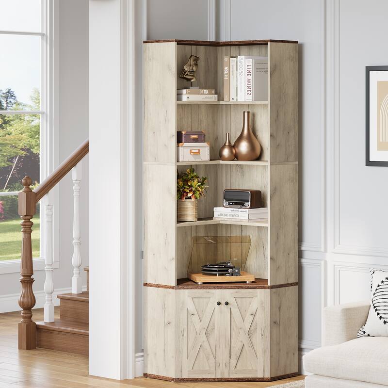 Farmhouse L-Shaped Corner Shelf Bookcase with Hidden Cabinet