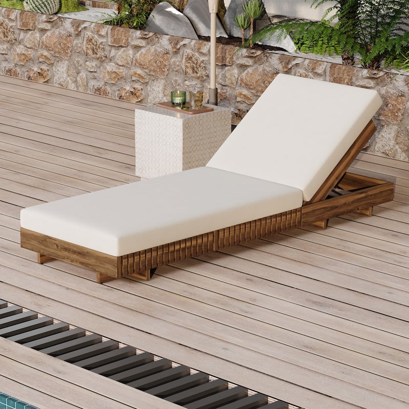 Roomfitters Acacia Wood Lounge Chaise Set with Triple-Fold Cushion and Side Tray, Outdoor Furniture - Cream