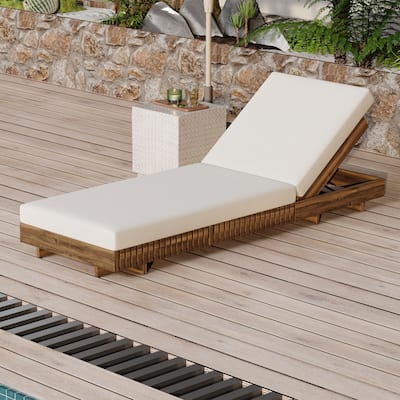 Roomfitters Outdoor Chaise Lounge with 6-Position Backrest, Acacia Solid Wood Recliner for Patio, Teak