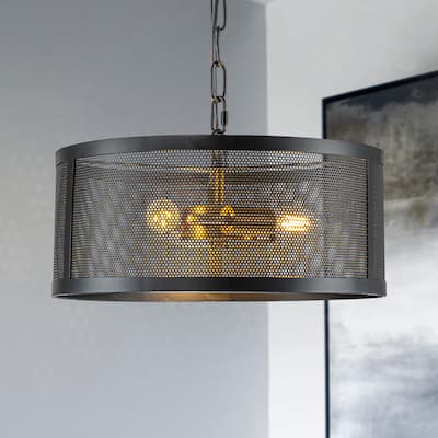 3-Light Industrial Chandelier Farmhouse Pendant Light Fixture With Matt Black Shade And Antique Gold Base - W14''