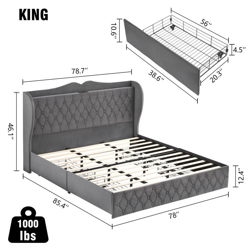 Grey Upholstered Platform Bed with Drawers and Charging Station