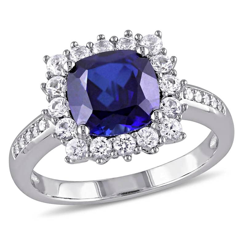 Miadora Sterling Silver Cushion-cut Created Blue and White Sapphire with Diamond Accents Square Halo Engagement Ring