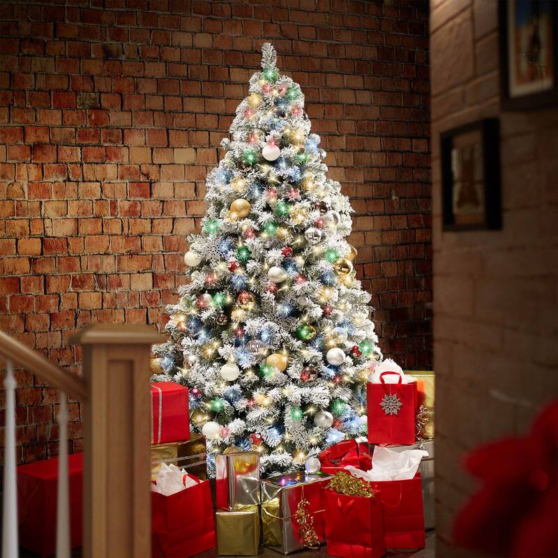 PreLit Snow Flocked Artificial Christmas Tree with Multicolor Lights