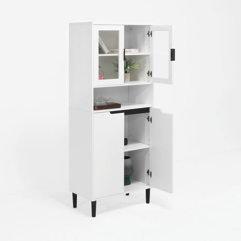 Tall Kitchen Pantry Cabinet with 2 Glass Display Doors & 2 Solid Doors