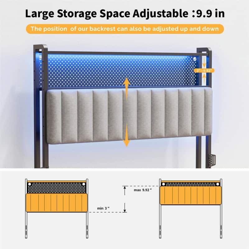 Adjustable Upholstered Headboard with 2 Tier Shelves with Charging Stations and LED Lights, Modern Bed Headboard with Storage