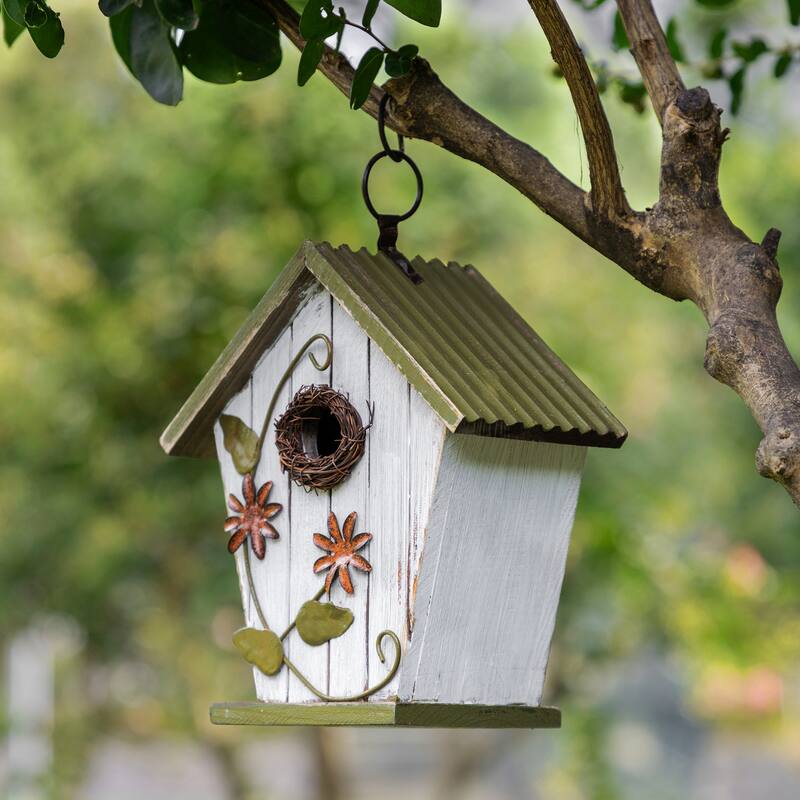 Glitzhome 8.75"H Distressed Solid Wood Decorative Outdoor Garden Birdhouse with 3D Flower