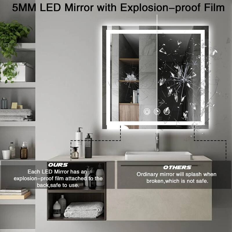 FTL Large LED Bathroom Vanity Mirror Wall Mounted Dimmable Anti-fog,Frameless,3-Color - 32×24in