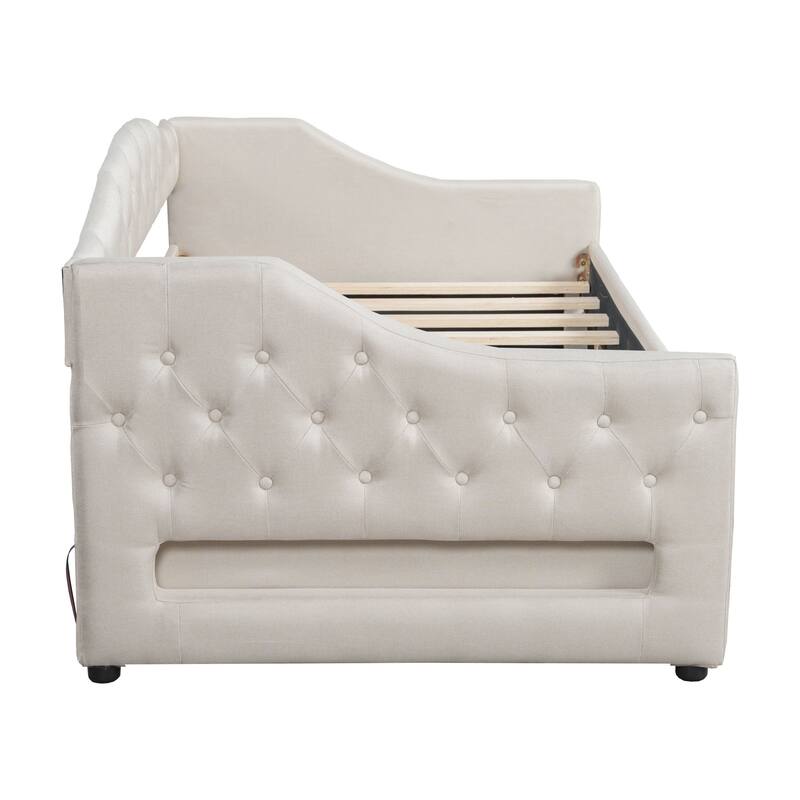 Modern Linen Upholstered Daybed with LED Light Strip, Button-Tufted Backrest Sofa Bed Optional Trundle Bed or Storage Drawers