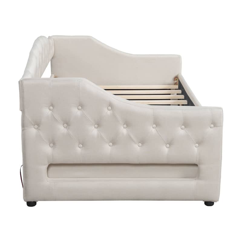 Twin XL Size Linen Daybed with LED Lighting and 2 Storage Drawers (450lbs Capacity)