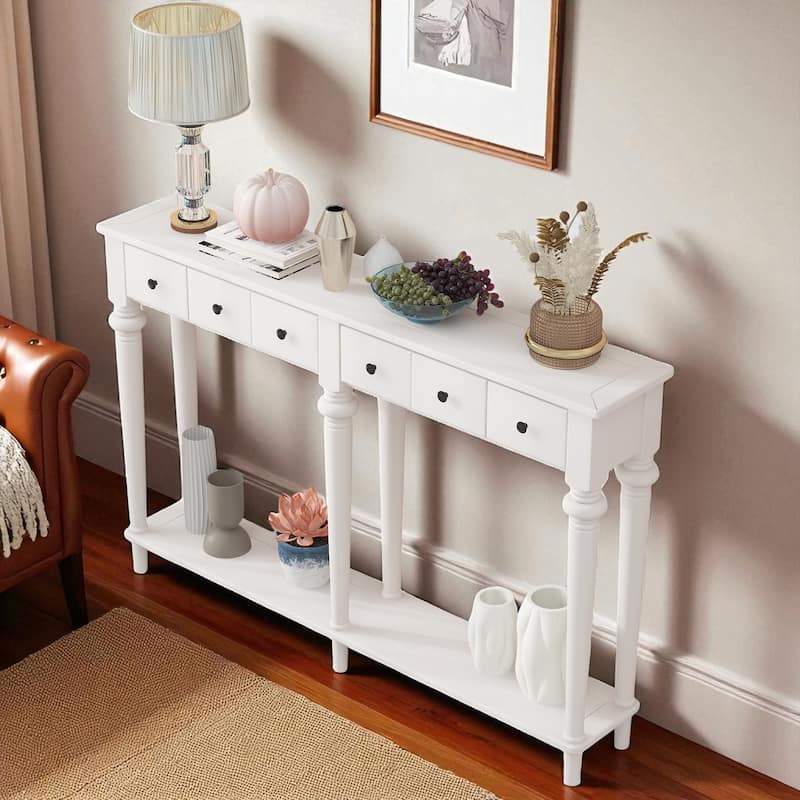 59.8" Rustic Entryway Console Table with 4 Drawers and Open Shelf, Retro Pine Veneer Hallway Accent Table
