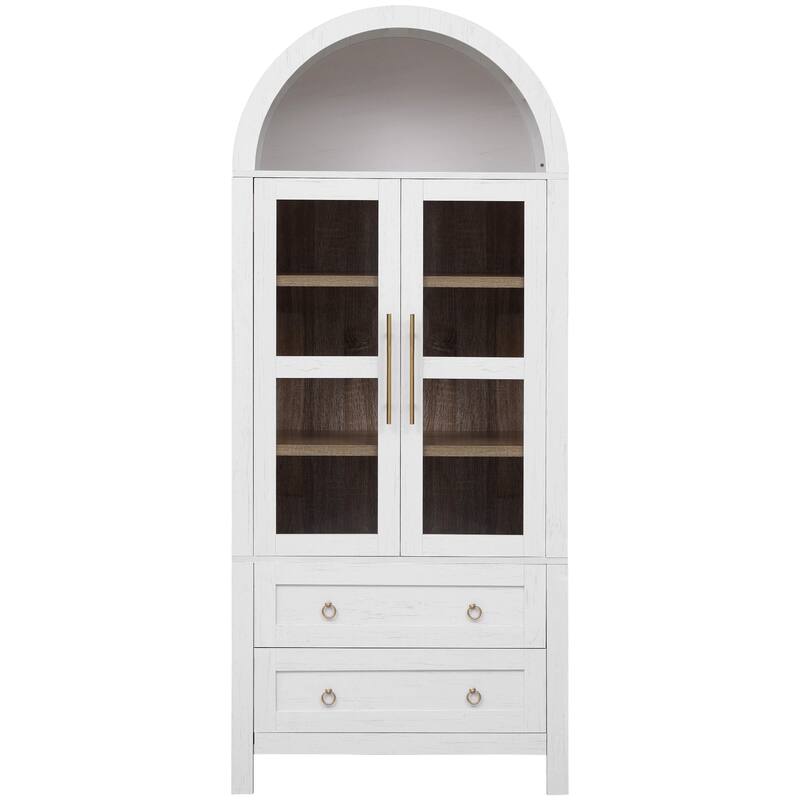 71"Tall Arched Kitchen Pantry Cabinet with 2 Large Drawers, Kitchen Storage Cabinets with Adjustable Shelves, Glass Door