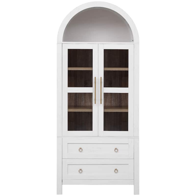 71"Tall Arched Kitchen Pantry Cabinet with 2 Large Drawers,Storage Cabinets with Adjustable Shelves,Glass Door,Wood Cupboard