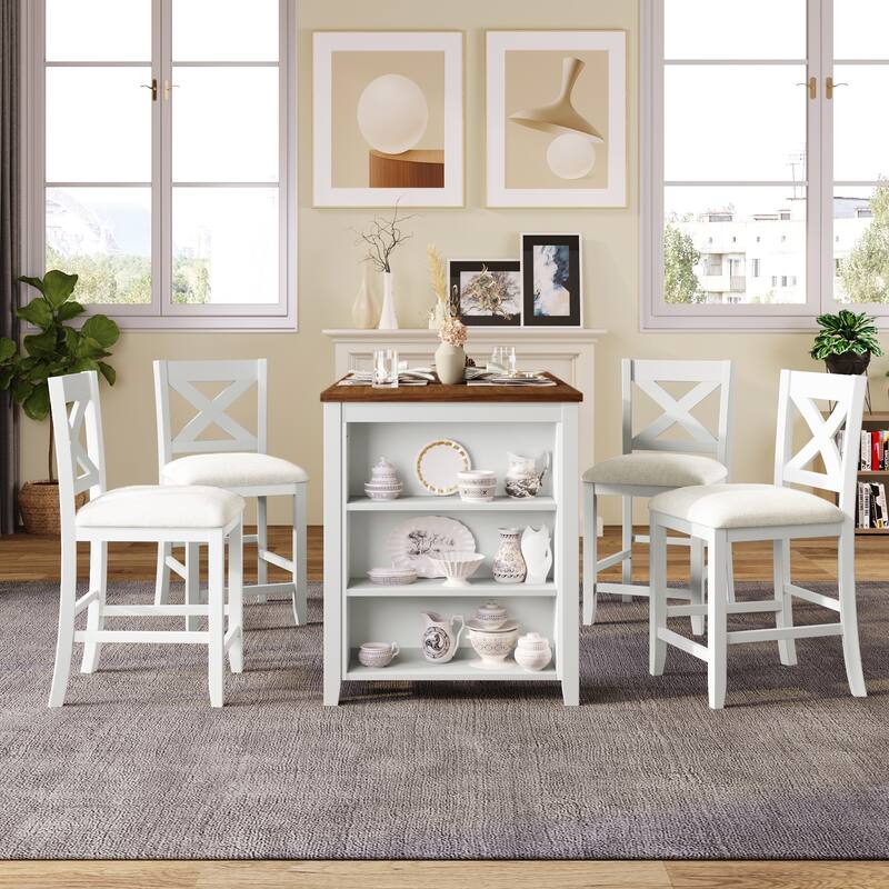 Dining Room Wooden Bar Table Set with 4 Chairs, Kitchen Table with Open Storage Shelves, Upholstered Chairs