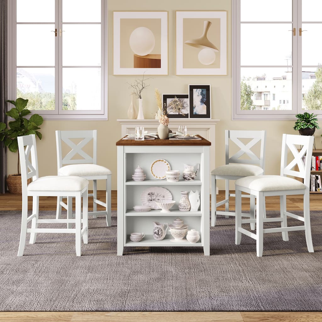 Rustic Farmhouse 5-Piece Counter Height Dining Table Set with Four Padded Chairs and Functional Storage