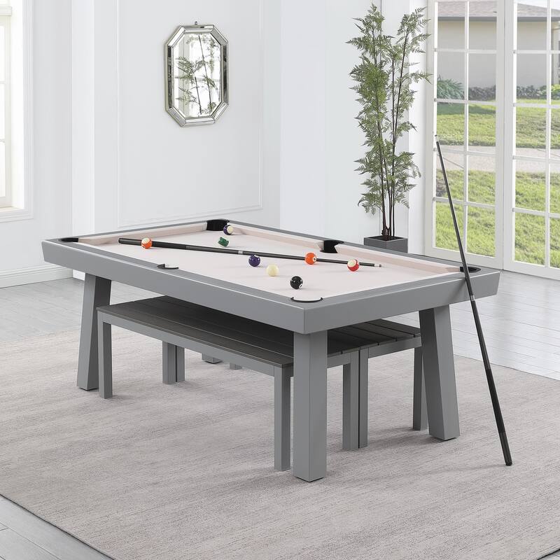 Laguna Indoor/Outdoor 8ft Slate Pool Table Dining Set with 2 Benches & Accessories, Cement Finish