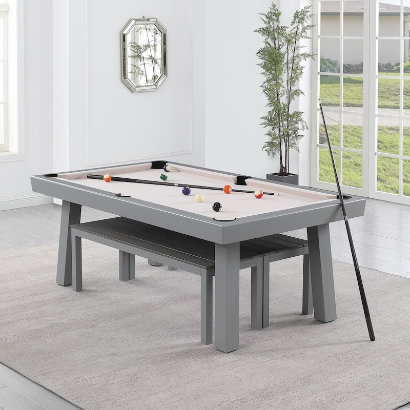Norwalk Indoor/Outdoor 8ft Slate Pool Table Dining Set with 2 Benches & Accessories, Cement Finish