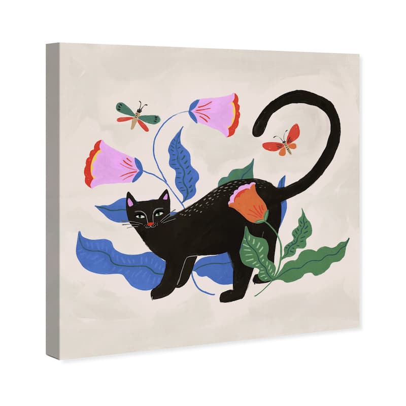 Wynwood Studio Canvas Animals Black Cat Floral Black and Bohemian & Eclectic Wall Art Canvas Print - Black, Blue