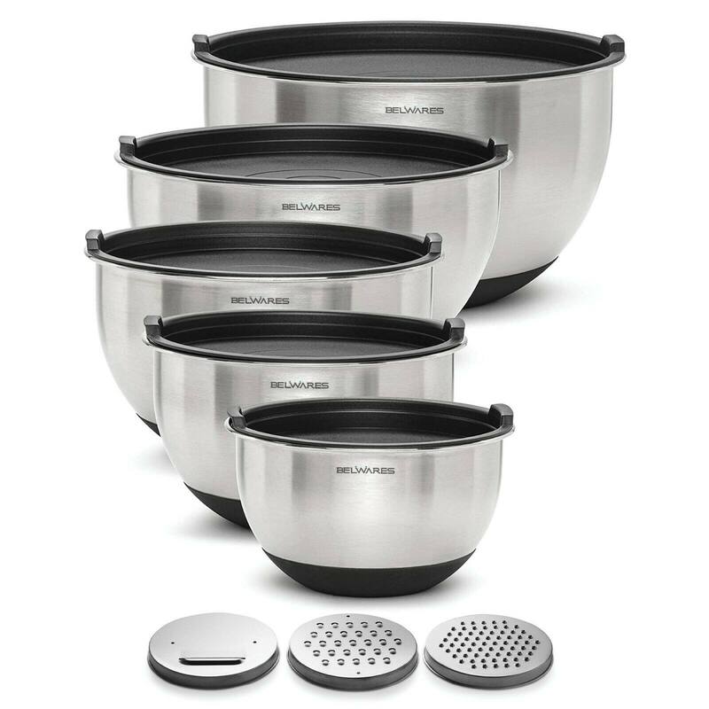 Belwares 5-Piece Stainless Steel Mixing Bowls with Airtight Lids and Graters - Non-Slip Nesting Bowls Set