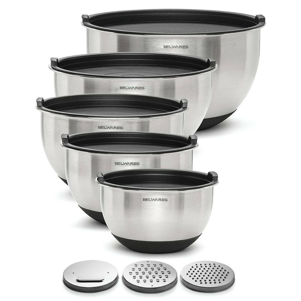 Belwares 5-Piece Stainless Steel Mixing Bowls with Airtight Lids and Graters - Non-Slip Nesting Bowls Set