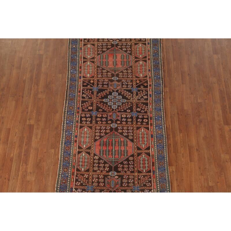 Brown Bakhtiari Persian Vintage Runner Rug Handmade Wool Carpet - 3'10"x 9'6"