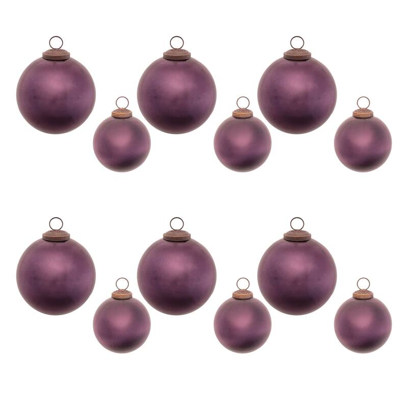 Frosted Purple Glass Ball Ornaments Set of 12 with Brass Caps for Christmas Tree and Wreath - 4” x 4” x 4” (L x W x H)