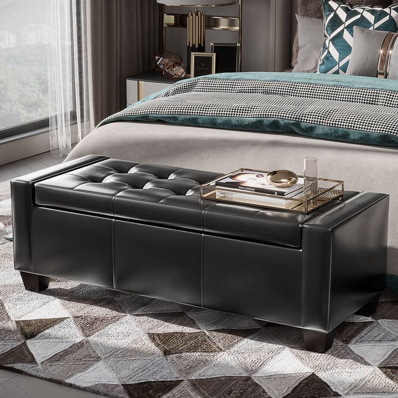 Faux Leather Storage Ottoman Bench with Soft Foam Seat and Hidden Storage for Living Room - 50.5" L x 19.75" W x 17.75" H