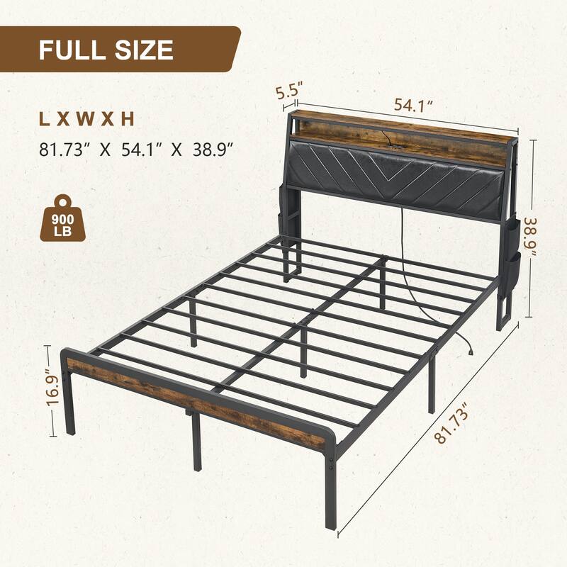 Rustic Platform Bed with 105-Degree Tilted Upholstered Headboard, Charging Station & LED Lights, Noise-Free Metal Bed Frame