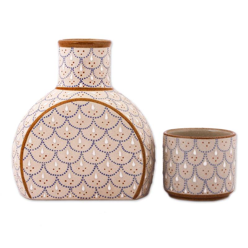 NOVICA Artisan Handblown Ceramic Carafe Pitcher With Cup Grey Beige Liquor Decanters 'Downy Dew'(2 Piece Set)