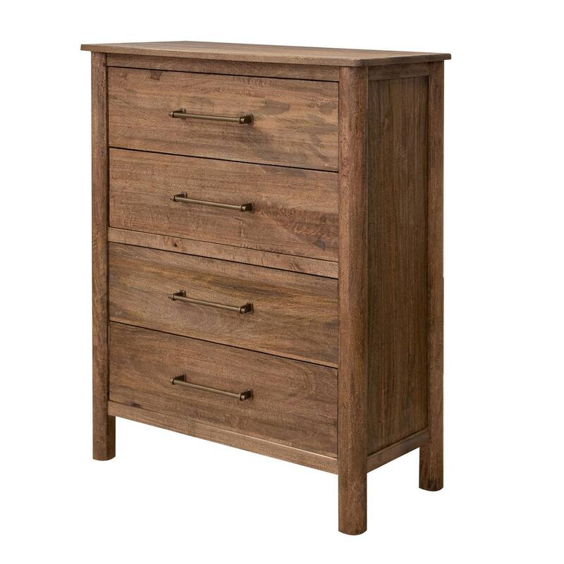 Olum 47 Inch Tall Dresser Chest, 4 Drawers, Gold, Natural Brown Wood Frame