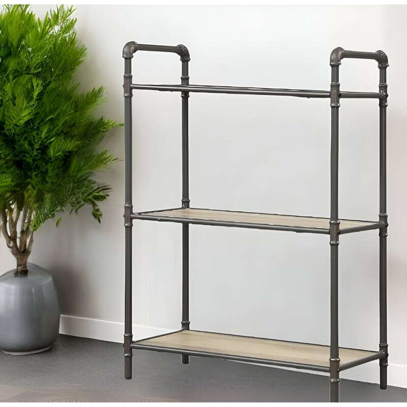 Metal and Wood 3-Tier Vertical Bookcase with Fixed Shelves for Bedroom and Living Room Storage - 36”H x 26”W x 14”D - Grey and Brown