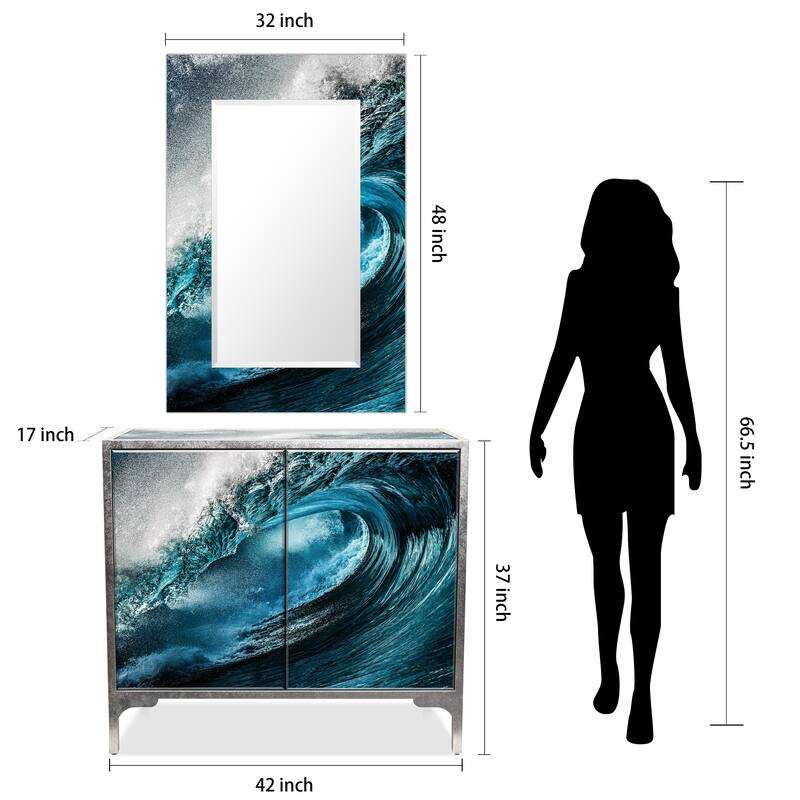 "Sapphire Sea" Reverse Printed Beveled Art Glass Cabinet Console Table and Mirror set - 42" x 37 x 17" & 48" x 32"