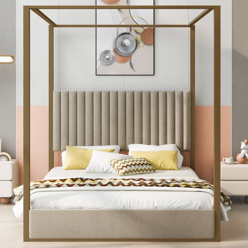 Queen Size Upholstered Canopy Bed with Headboard and Metal Frame, Beige