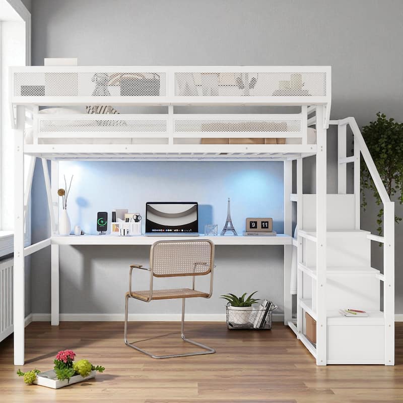 Full/Queen Size Metal Loft Bed with Desk, RGB Light, Charging Station, Shelves and Wardrobe, Stair Loft Bed for Teens
