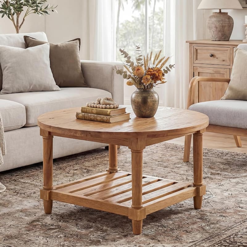 31.5-Inch Round Coffee Table, 2-Tier Circle Accent Table for Living Room, Rustic Brown - Brown