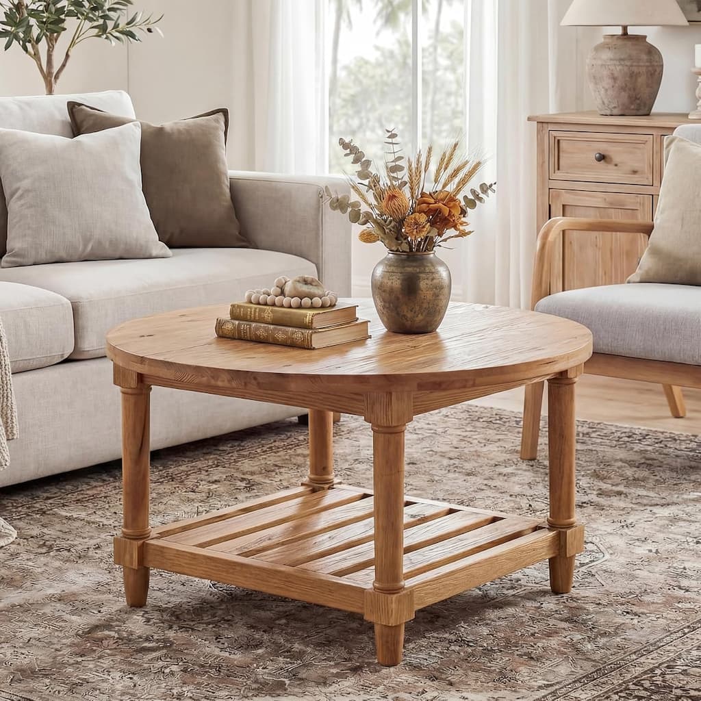 31.5-Inch Round Coffee Table, 2-Tier Circle Accent Table for Living Room, Rustic Brown