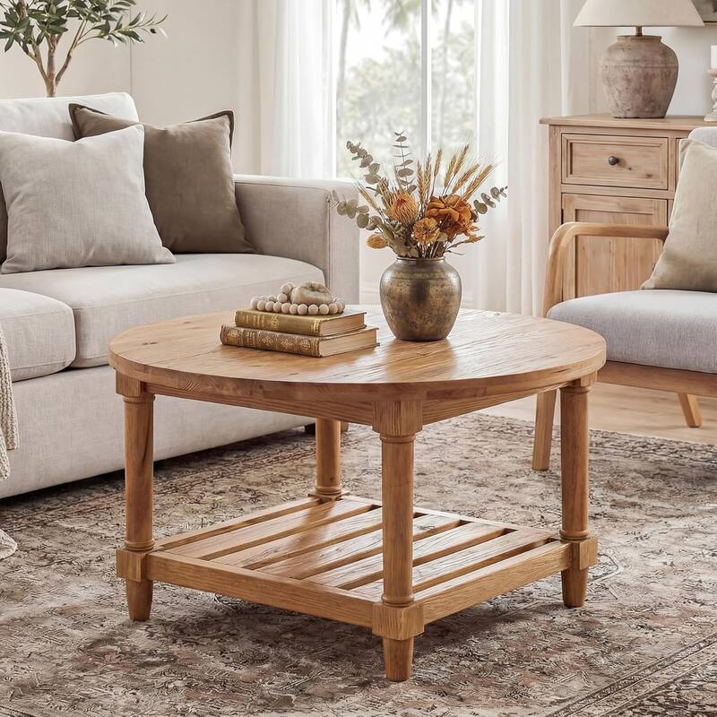 Round Coffee Tables for Living Room, 31.5" Solid Wood Farmhouse Circle Center Table - 31.5" W × 31.5" D × 19.69" H - Natural Wood