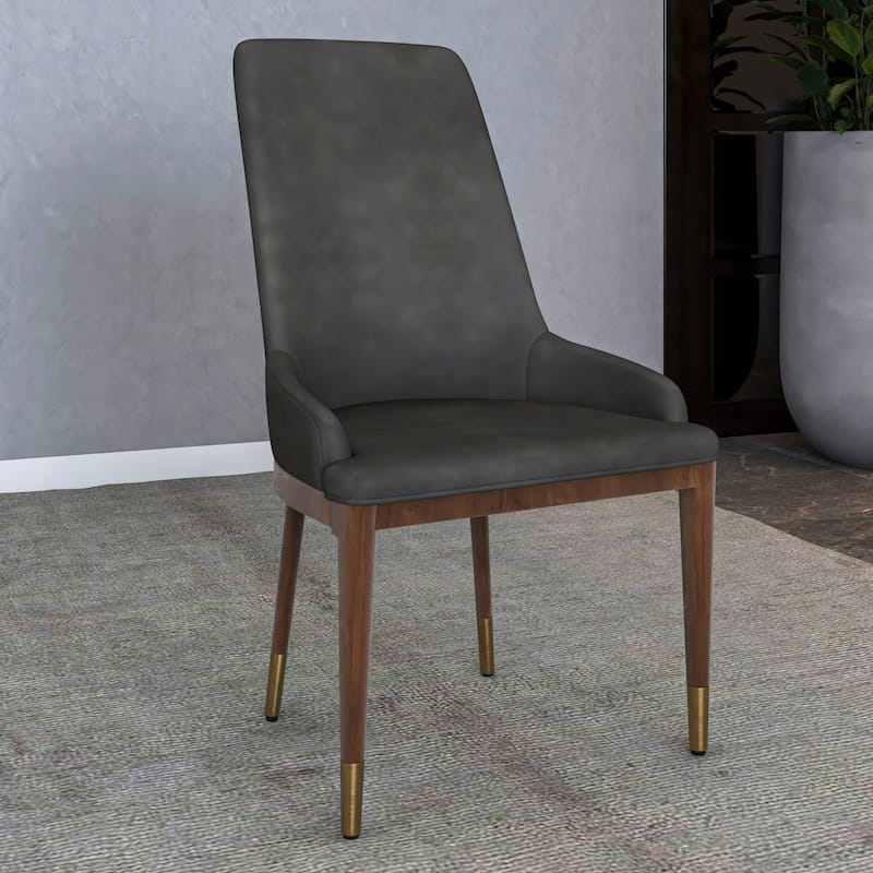Dining Chair Upholstered in Leather with Rubberwood Frame Set of 2 Side Chair High Back and Gold Accent Legs