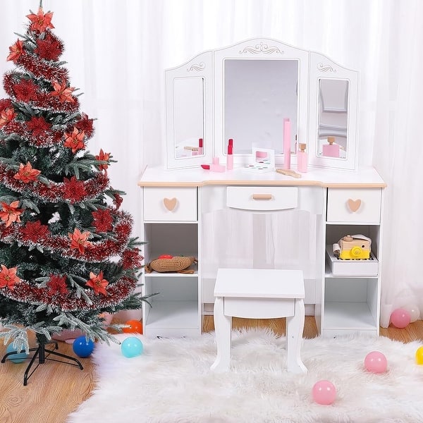 white princess dressing table White Princess Vanity Desk Set With Mirror & Cushioned Stool, 4-Drawer Wooden Makeup Vanity Table For Girls' Bedroom, Dressing Table With Ample