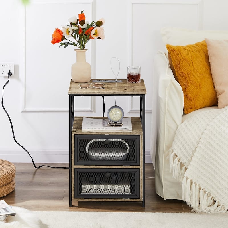 VECELO (Set of 2) Mid century Modern Nightstand with Charging Station and USB Port