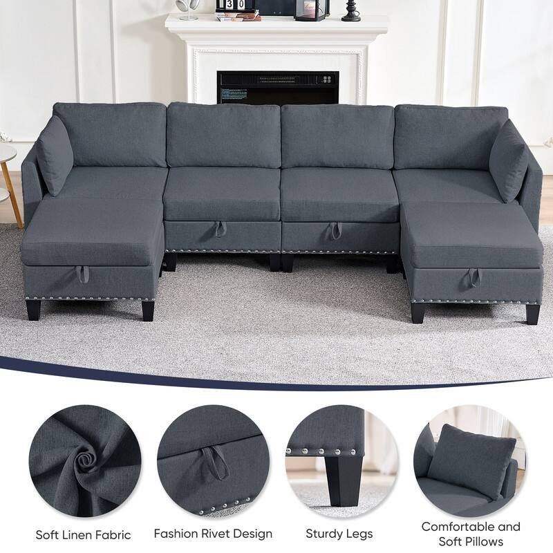 Mixoy Rivet Design Flexible Combination Reversible 4-Seater Modular Sofa with Storage Ottomans,Linen Convertible Sleeper Sofa