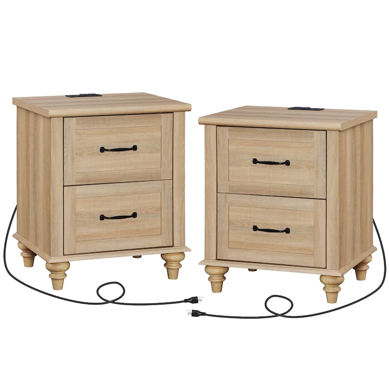 Mid Century End Table Nightstands with Charging Station & Drawer - 2 Piece - Antique Oak