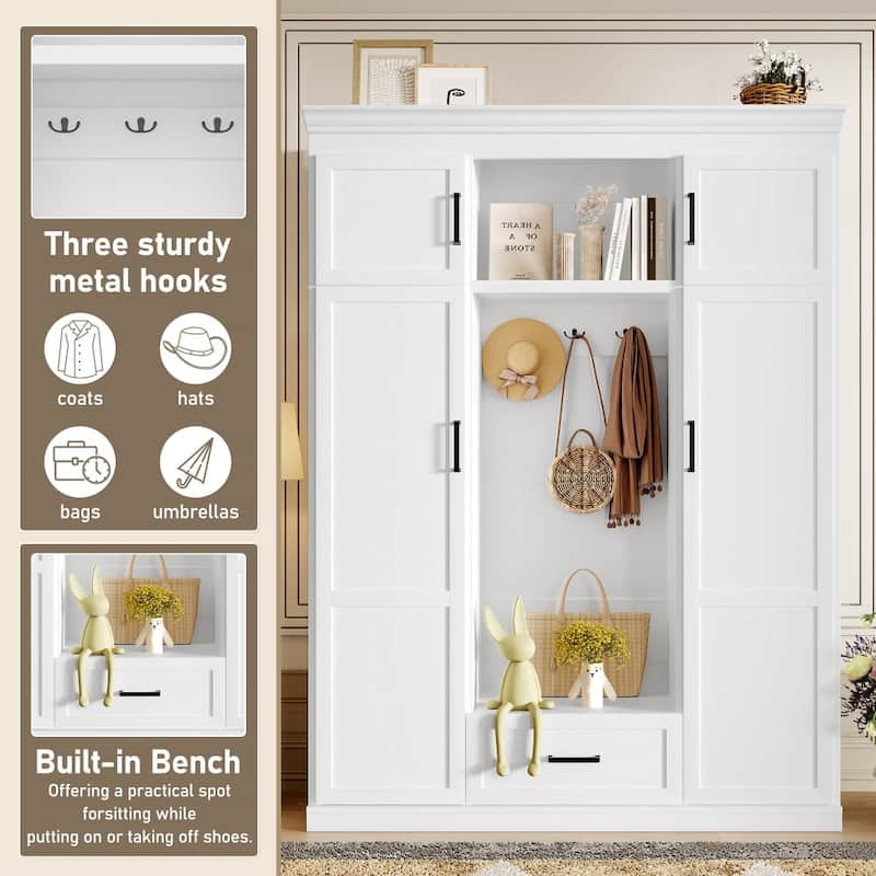 Modern 85.2''H Entryway Hall Tree Storage Organizer Cabinet with Bench and 3 Hooks