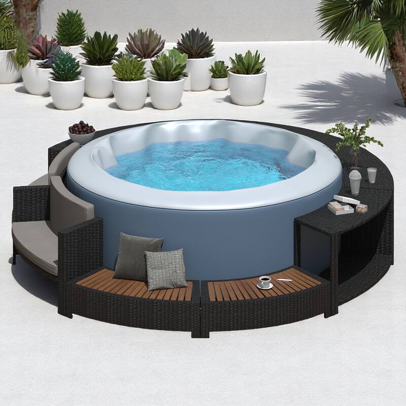 4-Piece Outdoor Patio Spa Surround Furniture Set with Cushioned and Wooden Seating, Mini Sofa, Storage Cabinet - Grey