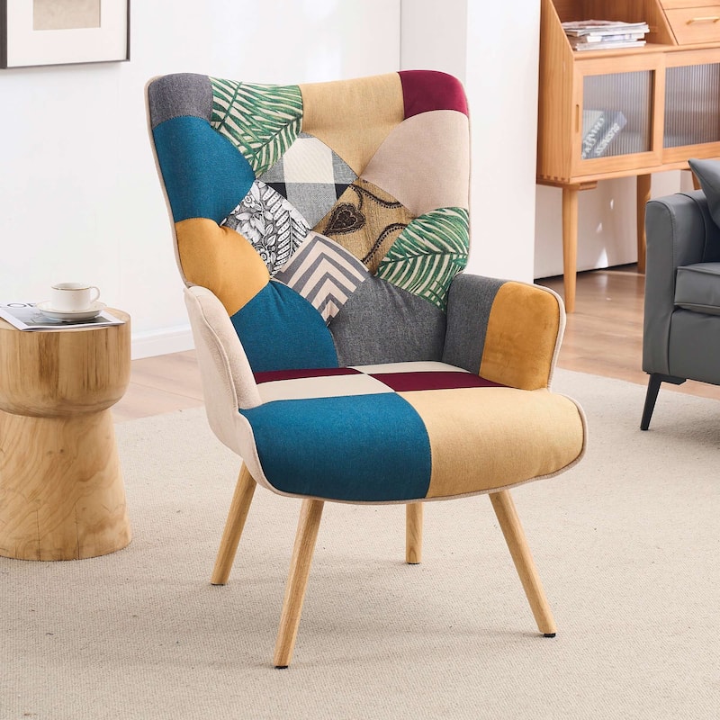 FERPIT Upholstered Wingback Accent Chair with Rubberwood Legs & Levelers - Solid Color