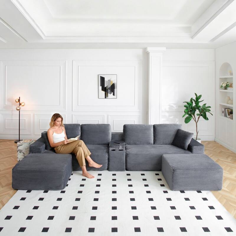 125'' U-Shaped Corduroy Sectional Sofa with Cup Holders, USB Ports and 2 Ottomans - Grey