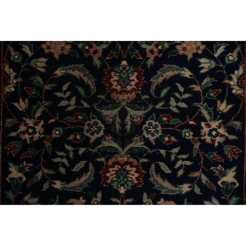 Hand Knotted Oriental 100% Wool Carpet Traditional Floral Navy Blue & Blues Kashan Runner Rug - 13' 10'' X 2' 7''